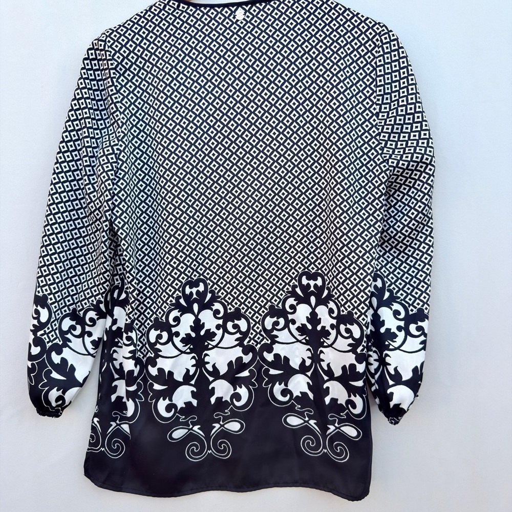 Chico’s Black White Damask Print Blouse Size 0 (US 4/6) Boho Tunic 3/4 Sleeve - Picture 4 of 8